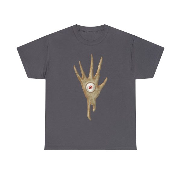 The symbol of Vecna, a hand with an eye in the palm, on a charcoal gray shirt