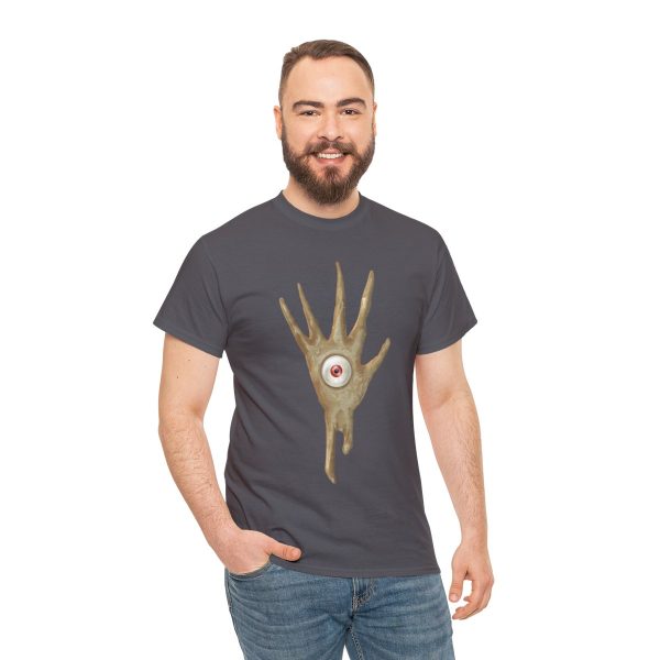 The symbol of Vecna, a hand with an eye in the palm, on a charcoal gray shirt on a man