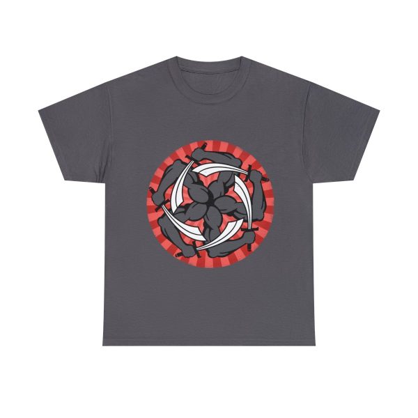 A pinwheel of five snaky arms clutching swords, the symbol of Garagos, on a charcoal gray shirt