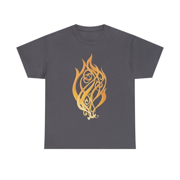 A shirt with the symbol of Kossuth, the Elemental Lord of Fire, on charcoal gray