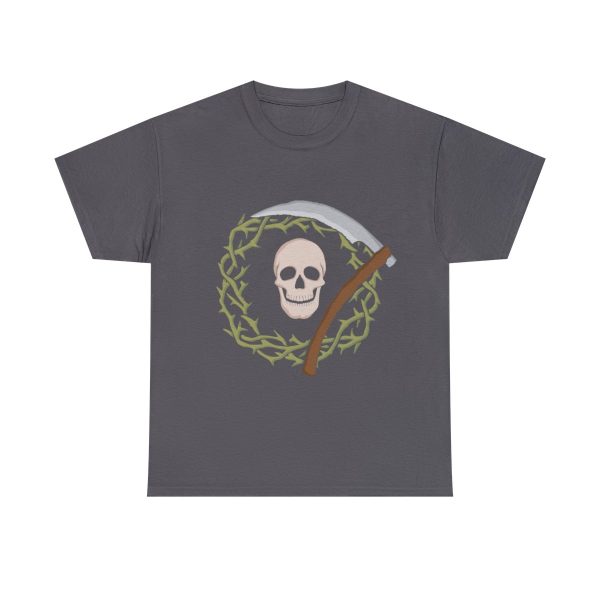 Skull and Scythe, the symbol of Nerull, on a charcoal gray shirt