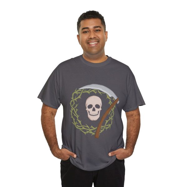 Skull and Scythe, the symbol of Nerull, on a charcoal gray shirt on a man