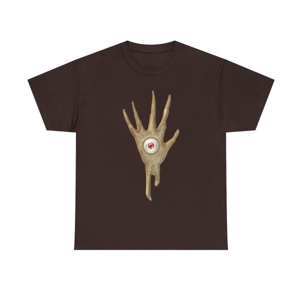 The symbol of Vecna, a hand with an eye in the palm, on a dark chocolate shirt