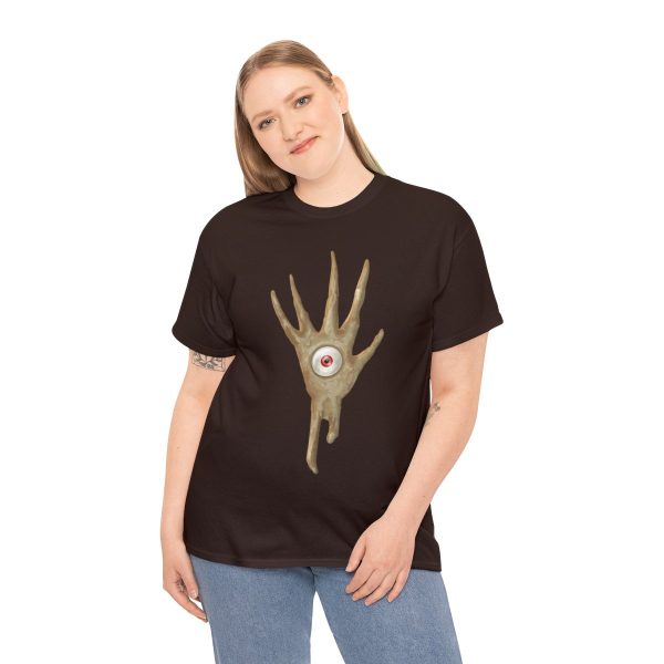 The symbol of Vecna, a hand with an eye in the palm, on a dark chocolate shirt on a woman