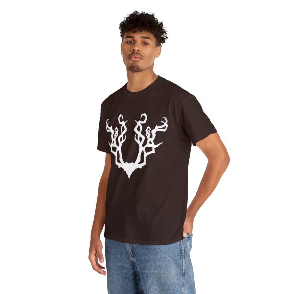 Gnarled Antlers, the symbol of Beshaba, in a dark chocolate shirt on a man