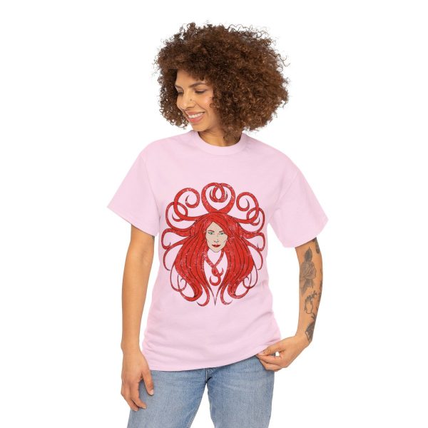The symbol of Sune, the face of a red-haired, ivory-skinned beautiful woman, on a pink t-shirt on a woman