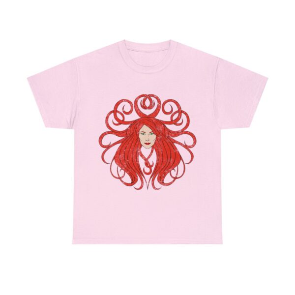 The symbol of Sune, the face of a red-haired, ivory-skinned beautiful woman, on a pink t-shirt
