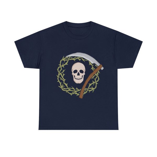 Skull and Scythe, the symbol of Nerull, on a navy blue shirt