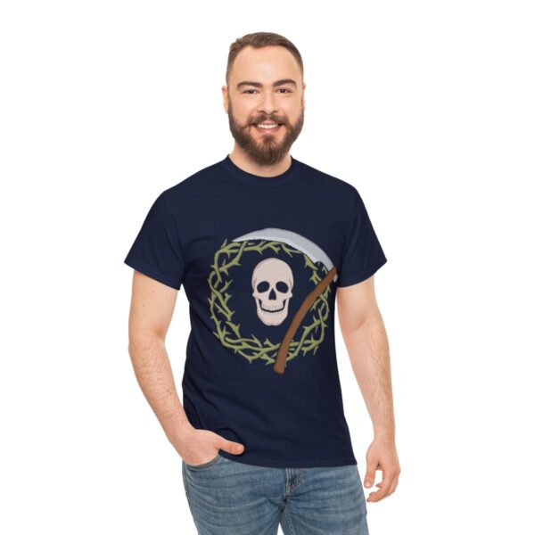 Skull and Scythe, the symbol of Nerull, on a navy blue shirt on a man
