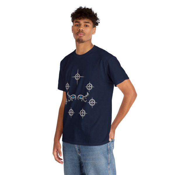 Selune's symbol, a pair of female eyes surrounded by seven silver stars, on a navy blue shirt on a man