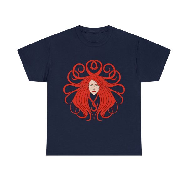 The symbol of Sune, the face of a red-haired, ivory-skinned beautiful woman, on a navy blue t-shirt