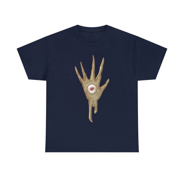The symbol of Vecna, a hand with an eye in the palm, on a navy blue shirt