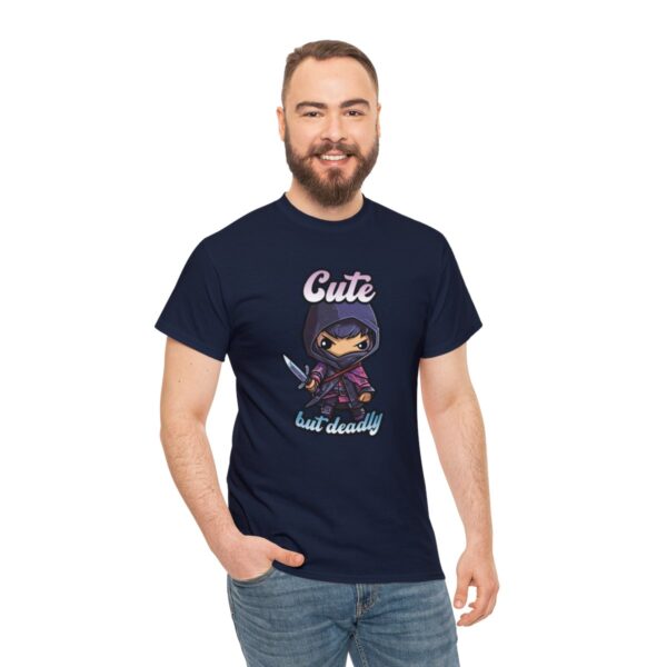 Tell the world you are Cute But Deadly with this navy blue rogue dnd shirt worn by a man