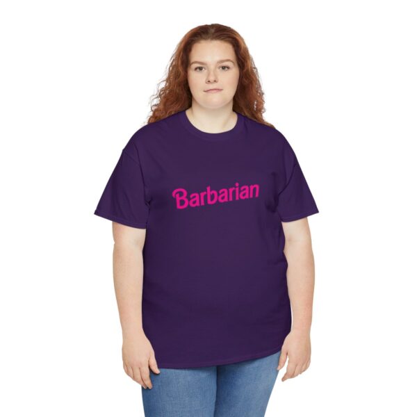 A barbie barbarian shirt, fun dungeons and dragons shirts, purple and worn by a woman