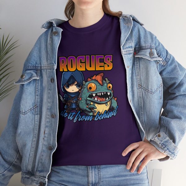 Rogues do it from behind shirt, a cartoon euphonism for a thief's sneak attack in Dnd, purple under a jean jacket