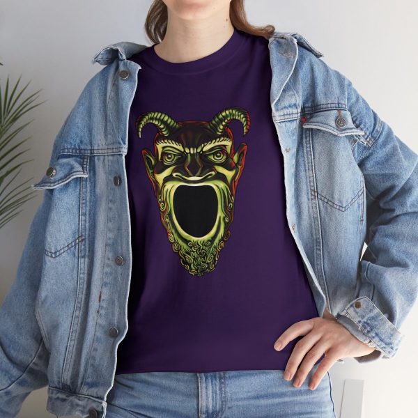 A shirt with the symbol of Acererak, the face of a demon with a gaping maw, a favorite DnD villain, on a purple shirt under a jean jacket