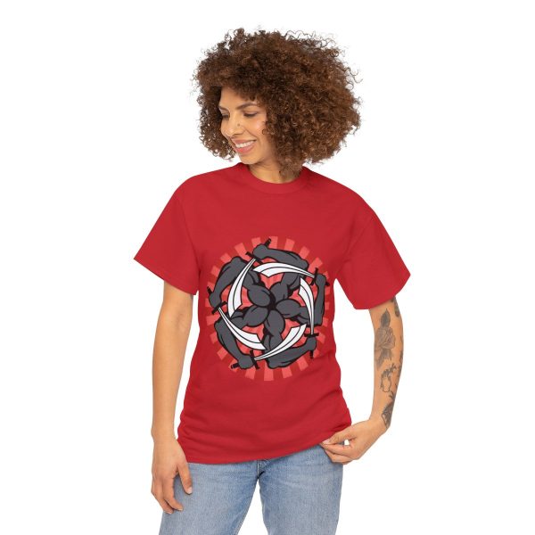 A pinwheel of five snaky arms clutching swords, the symbol of Garagos, on a red shirt on a woman