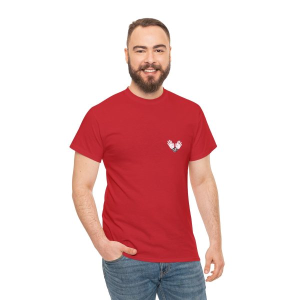 White hands bound with red cord, the symbol of ilmater, on a red shirt on a guy