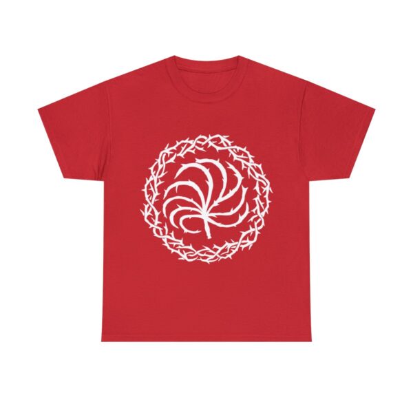 red t-shirt with the symbol of Loviatar, a nine-tailed barbed scourge or whip