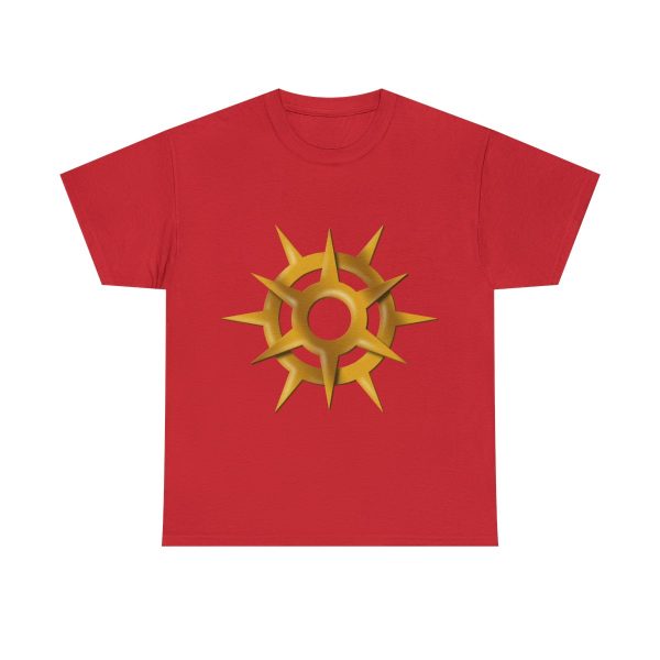 A red shirt with the symbol of Pelor, a golden sun, the god of the sun