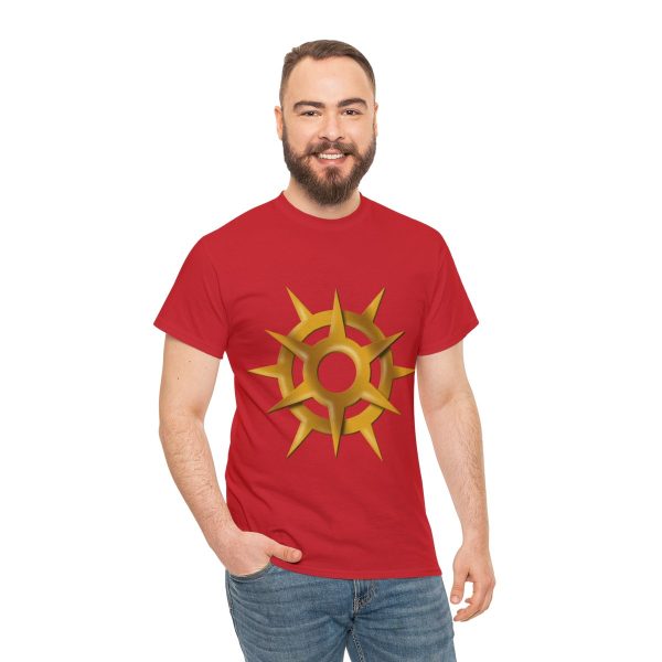 A red shirt with the symbol of Pelor, a golden sun, the god of the sun, worn by a man