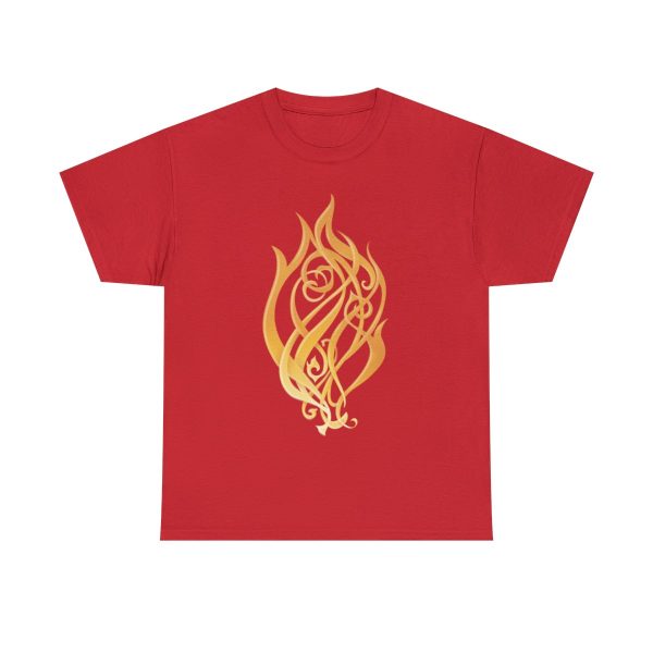 A shirt with the symbol of Kossuth, the Elemental Lord of Fire, on red shirt