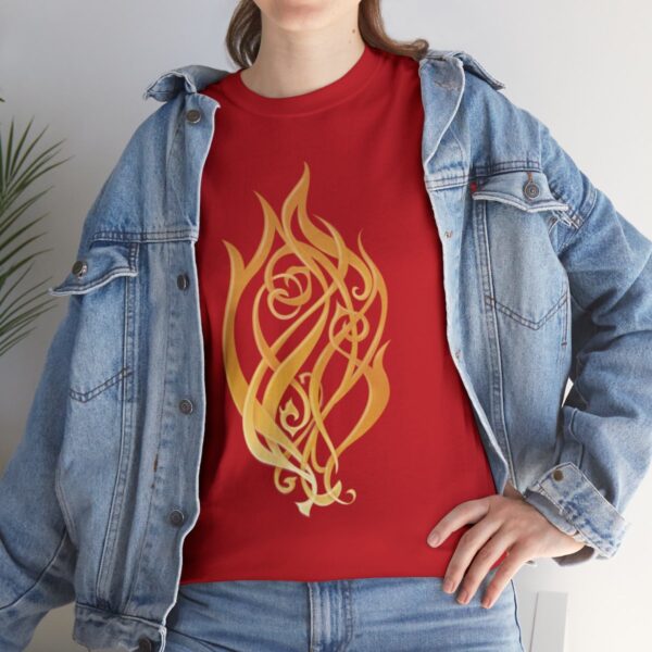 A shirt with the symbol of Kossuth, the Elemental Lord of Fire, on red under a jean jacket