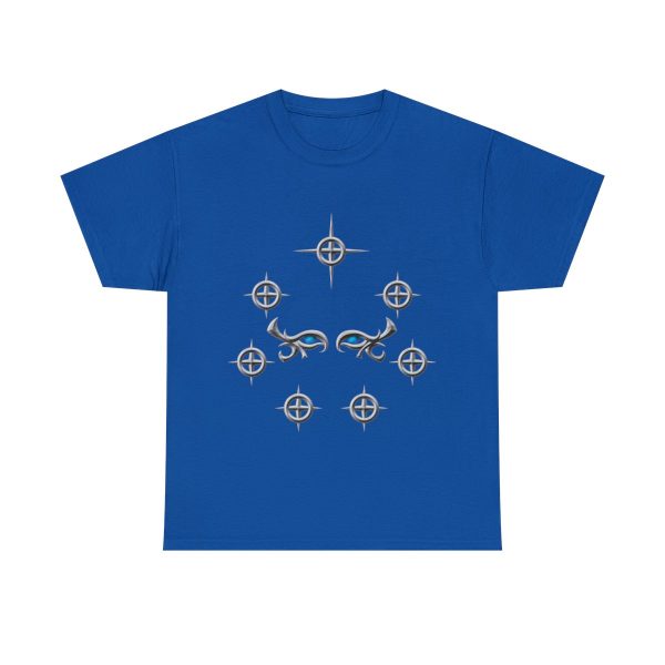 Selune's symbol, a pair of female eyes surrounded by seven silver stars, on a royal blue shirt