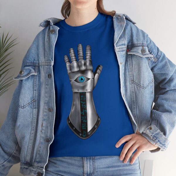 Gauntlet with an Eye, the Symbol of Helm, on a royal blue shirt under a jean jacket