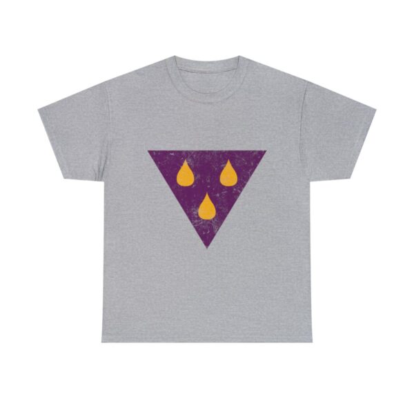 The symbol of talona, three amber teardrops on a purple triangle, on a sport gray t-shirt