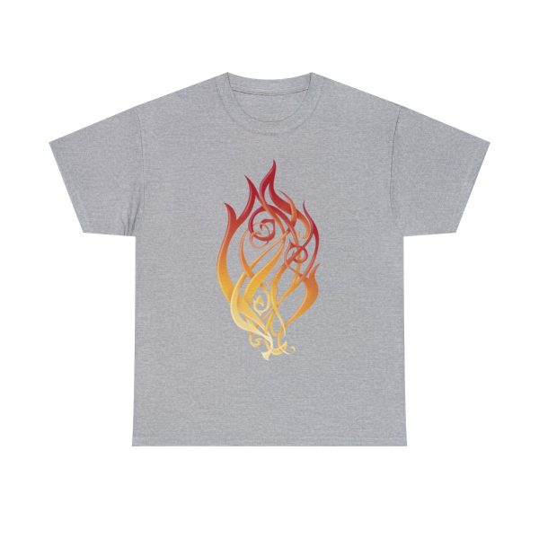 A shirt with the symbol of Kossuth, the Elemental Lord of Fire, on sport gray