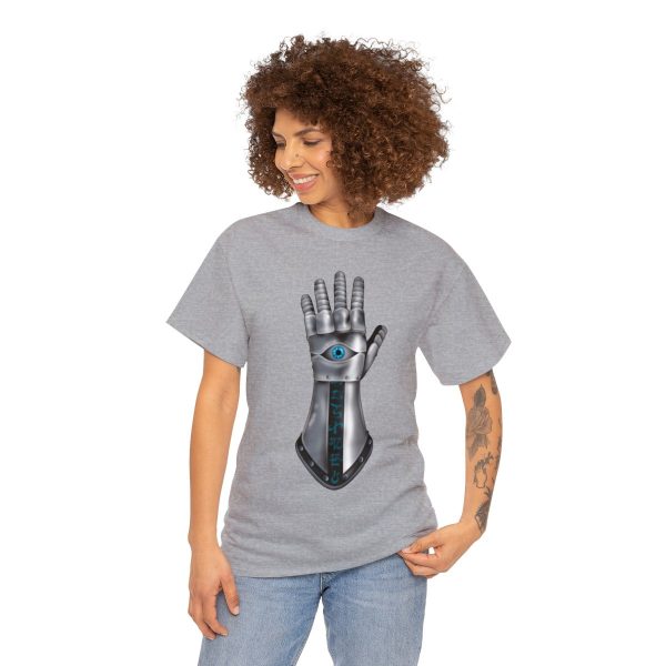 Gauntlet with an Eye, the Symbol of Helm, on a sport gray shirt on a woman
