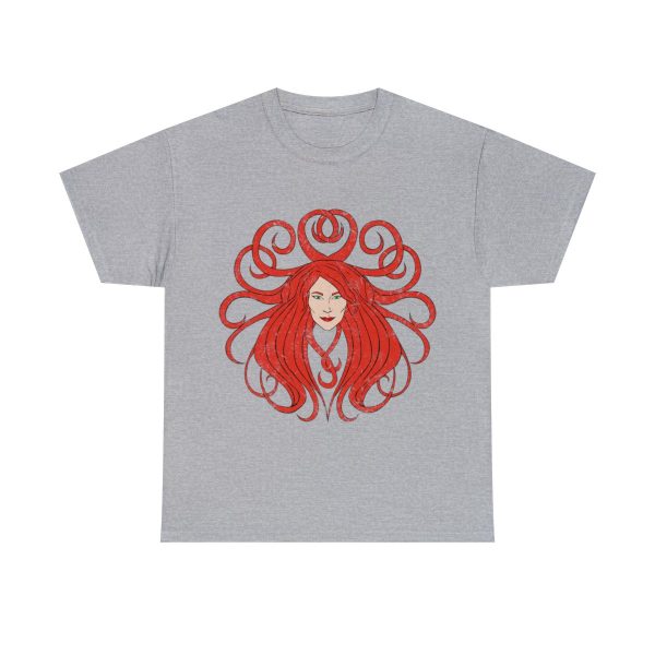 The symbol of Sune, the face of a red-haired, ivory-skinned beautiful woman, on a sport gray t-shirt