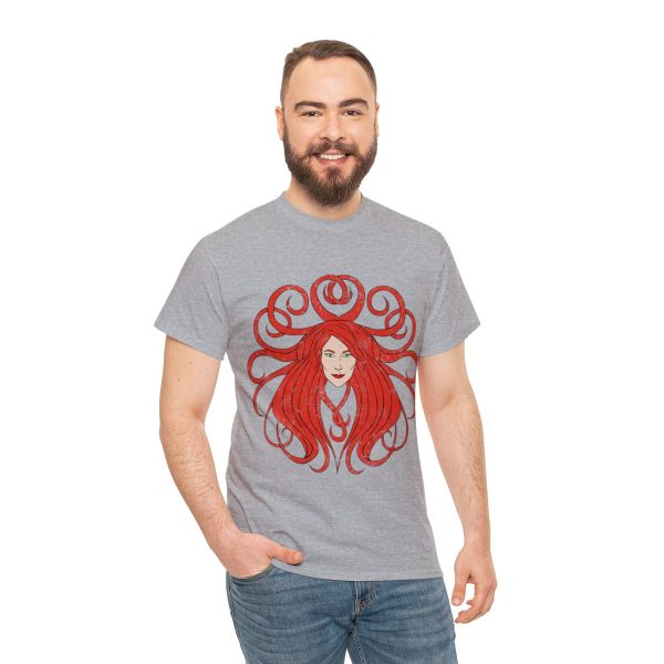 The symbol of Sune, the face of a red-haired, ivory-skinned beautiful woman, on a sport gray t-shirt and a man