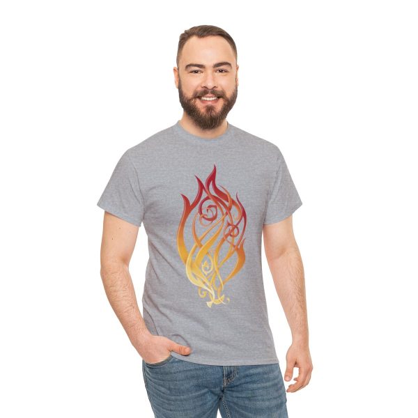 A shirt with the symbol of Kossuth, the Elemental Lord of Fire, on sport gray worn by a man