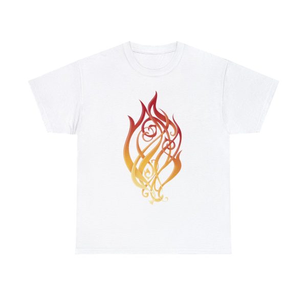A shirt with the symbol of Kossuth, the Elemental Lord of Fire, on white