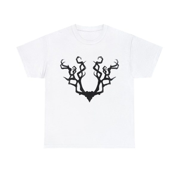 Gnarled Antlers, the symbol of Beshaba, on a white shirt