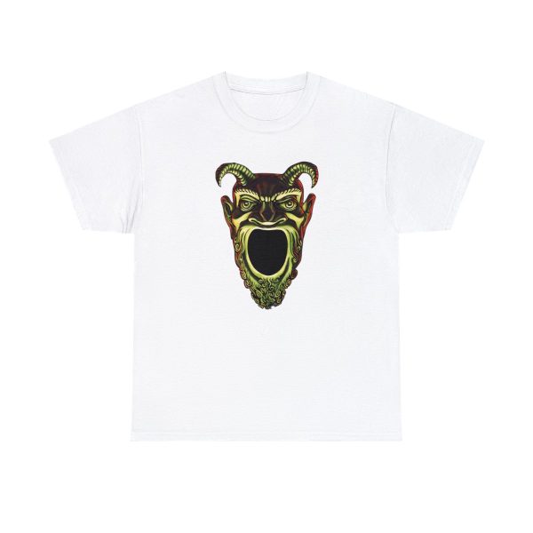 A shirt with the symbol of Acererak, the face of a demon with a gaping maw, a favorite DnD villain, on a white shirt