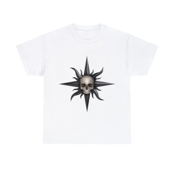 Jawless Skull on a Starburst, the symbol of Cyric, on a white shirt