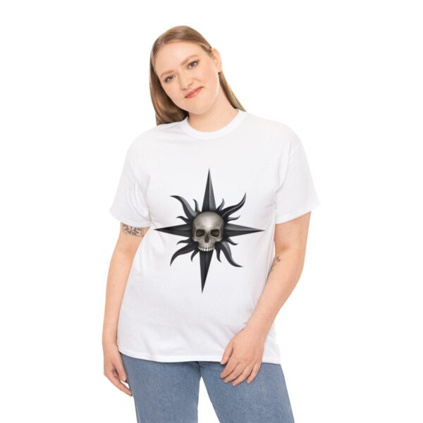 Jawless Skull on a Starburst, the symbol of Cyric, on a white shirt on a woman