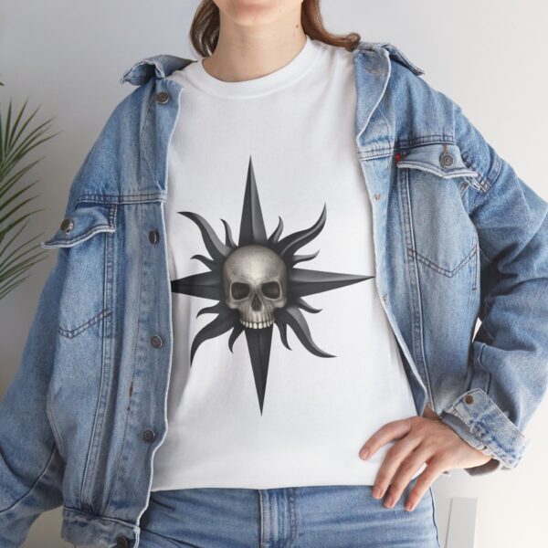 Jawless Skull on a Starburst, the symbol of Cyric, on a white shirt under a jean jacket