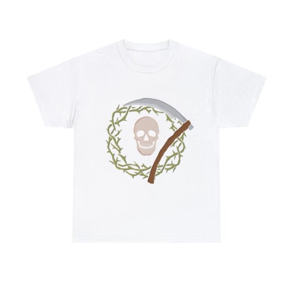 Skull and Scythe, the symbol of Nerull, on a white shirt
