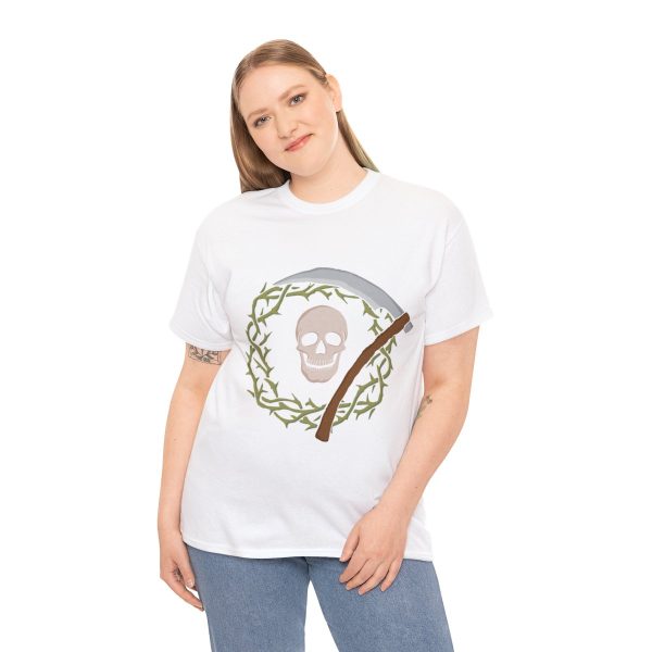 Skull and Scythe, the symbol of Nerull, on a white shirt on a woman