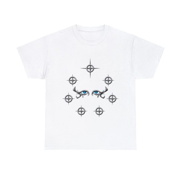 Selune's symbol, a pair of female eyes surrounded by seven silver stars, on a white shirt