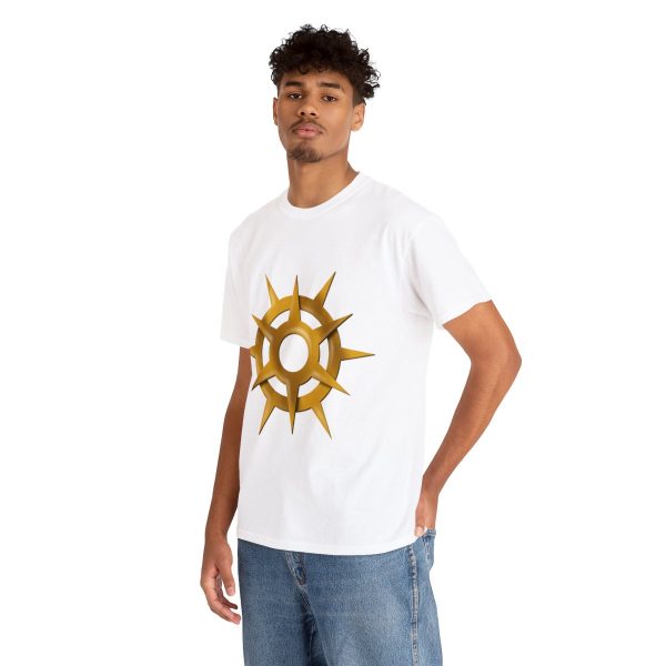 A white shirt with the symbol of Pelor, a golden sun, the god of the sun, worn by a tall man