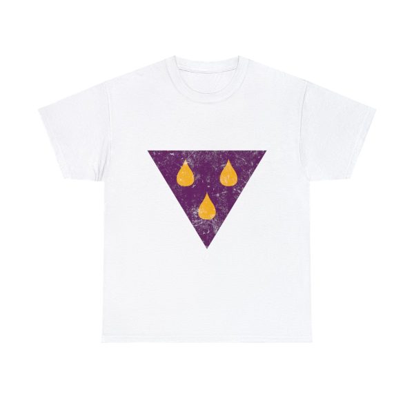The symbol of talona, three amber teardrops on a purple triangle, on a white t-shirt