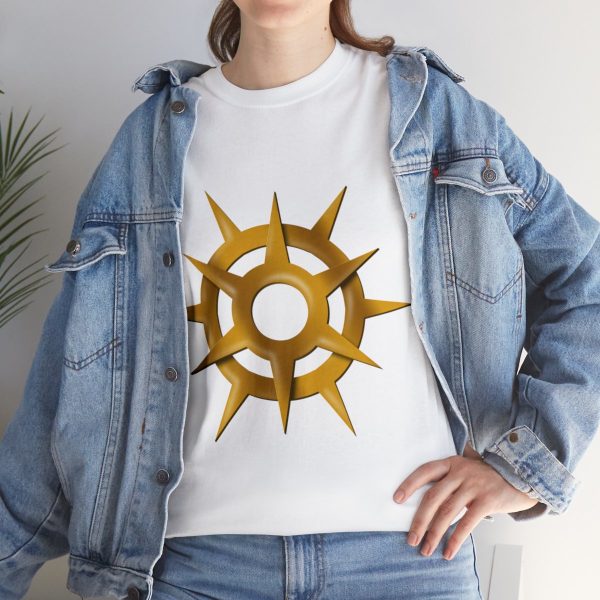 A white shirt with the symbol of Pelor, a golden sun, the god of the sun, under a jean jacket