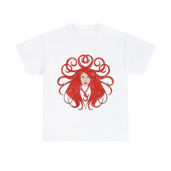 The symbol of Sune, the face of a red-haired, ivory-skinned beautiful woman, on a white t-shirt