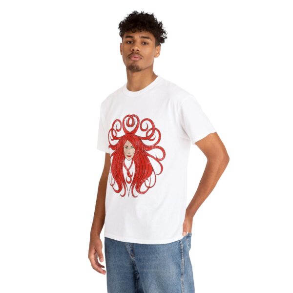 The symbol of Sune, the face of a red-haired, ivory-skinned beautiful woman, on a white t-shirt on a man