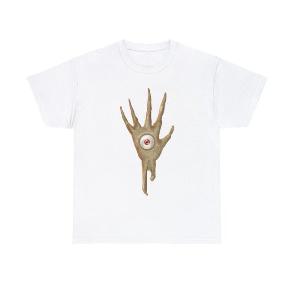 The symbol of Vecna, a hand with an eye in the palm, on a white shirt